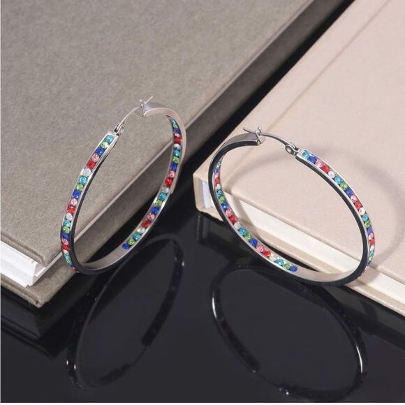 14K White Gold with Multi Colored Cubic Zirconia Big Hoop Latch Back Earrings - Picture 4 of 6